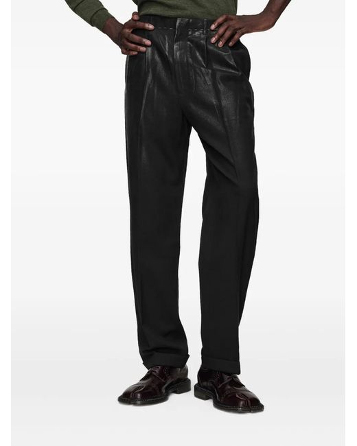 Maison Margiela Black Pleated Coated-Finish Trousers for men