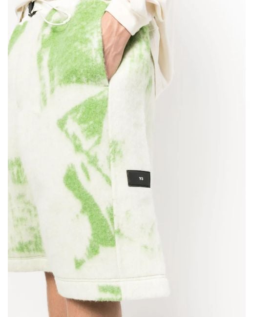 Y-3 Green Brush-Stroke Print Fleece Shorts for men