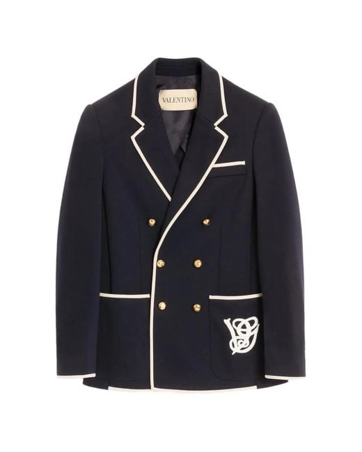 Valentino Garavani Black Double-Breasted Wool Jacket With Vg Patch for men
