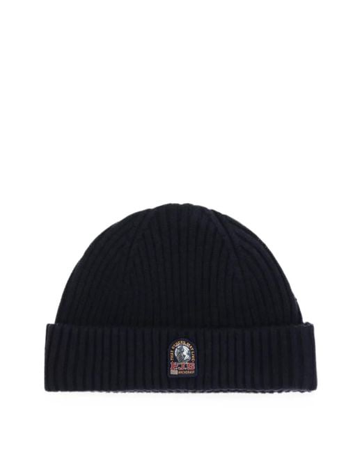 Parajumpers Blue Ribbed-Knit Logo-Patch Beanie Hat for men