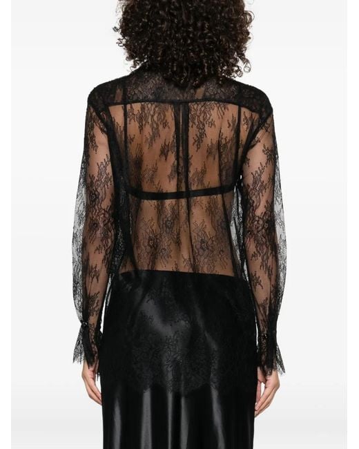 Alberta Ferretti Black Floral-Embroidered Tulle Sheer Top