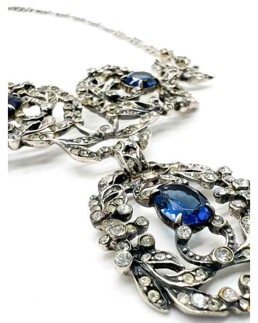 JENNIFER GIBSON JEWELLERY White Vintage Castlecliffe Renaissance Sterling &Amp; Sapphire Paste Necklace 1940S