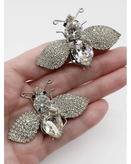 JENNIFER GIBSON JEWELLERY White Vintage Statement Crystal Bee Earrings 1980S