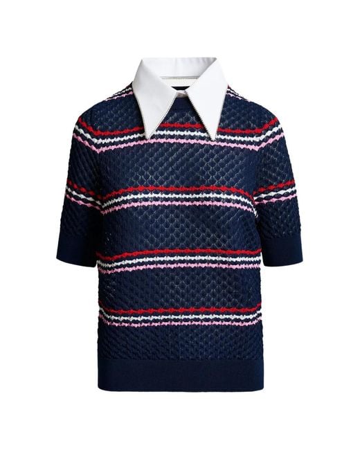 Essentiel Antwerp Blue Striped Rhinestone-Collar Knitted Top
