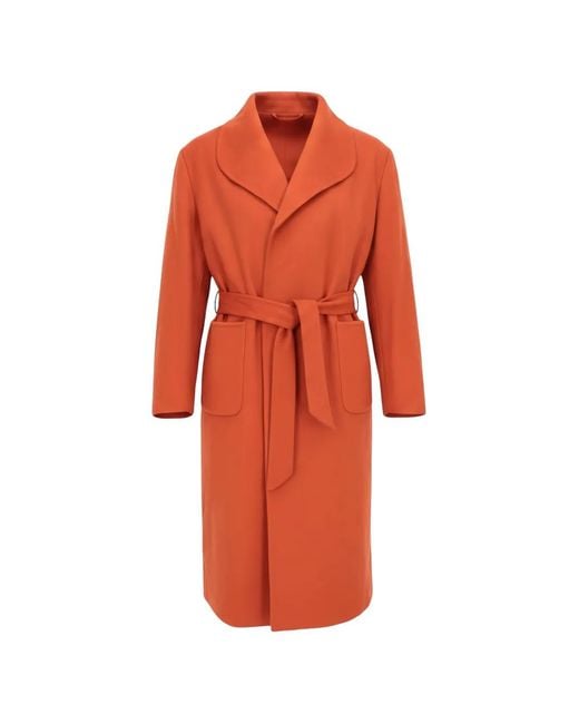 Isaia Orange Belted Shawl-Collar Coat for men