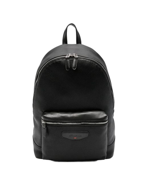 Santoni Black Leather Backpack for men