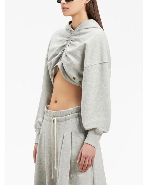 Palm Angels White Ruched-Detail Cropped Hoodie