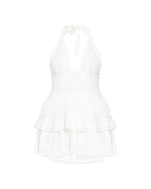 LoveShackFancy White Tiered V-Neck Mini Dress