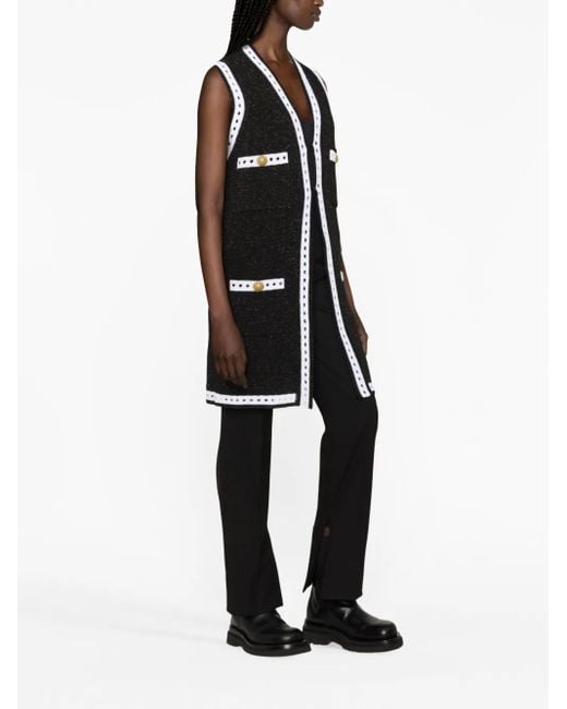 Balmain Black Sleeveless Lace Knit Long Cardigan, 100% Cotton