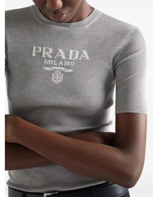 Prada Gray Silk Logo Longline T-Shirt