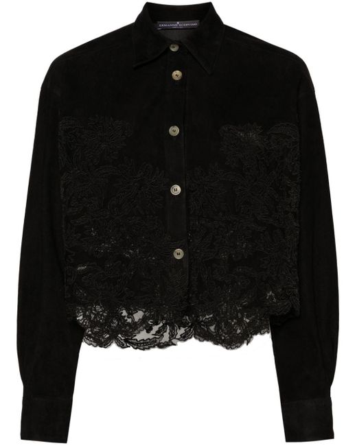 Ermanno Scervino Black Guipure-lace suede shirt