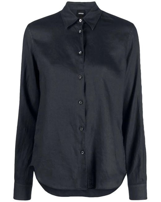 Aspesi Blue Button-Up Linen Shirt