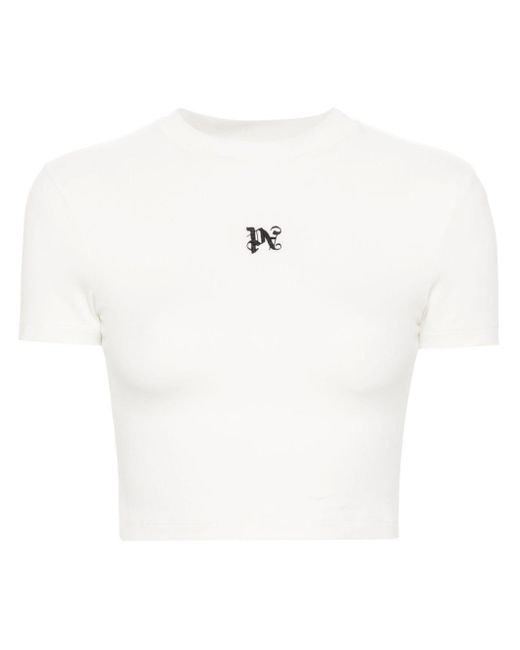 Palm Angels White Logo-embroidered Cropped T-shirt