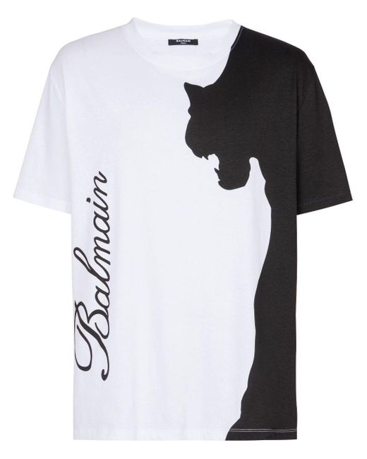 T-shirt en coton à imprimé Tiger Balmain pour homme en coloris White