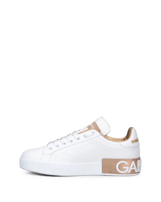 Dolce & Gabbana White Portofino Logo-Plaque Leather Sneakers