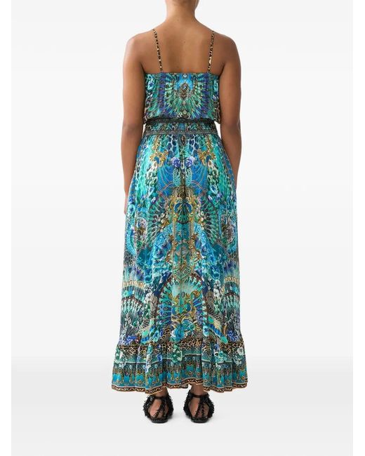 Camilla Blue Shirred-Waist Long Dress