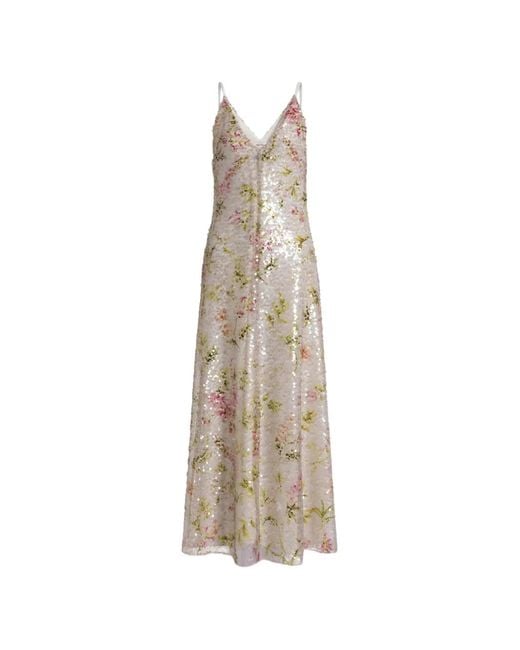 Alberta Ferretti White V-Neck Midi Dress With Sequined Floral Design