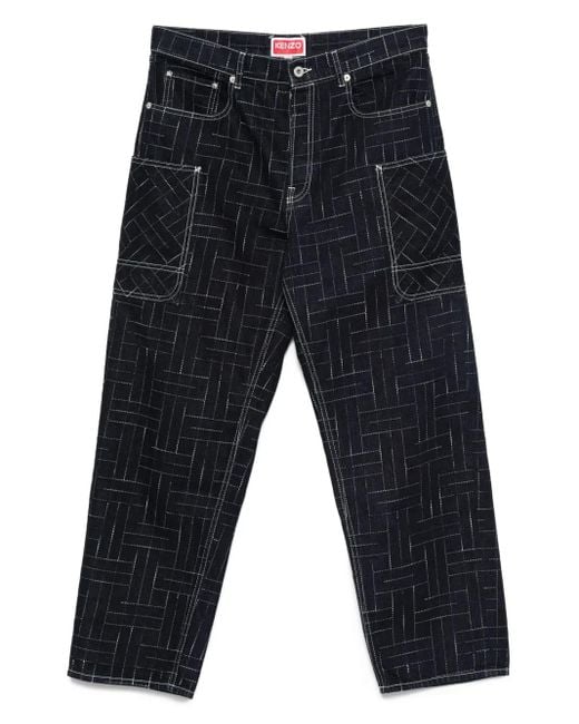 KENZO Blue Geometric-Pattern Jeans for men