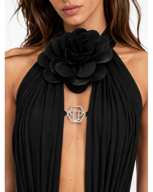 Philipp Plein Black Sleeveless Bodysuit Flower