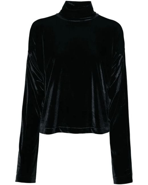 ALAINPAUL Black Velour High-Neck Stretch Top