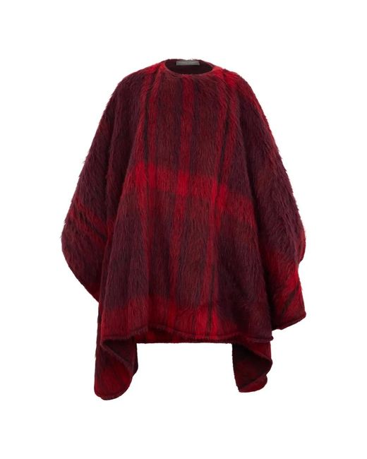 Alberta Ferretti Red Check-Pattern Mohair-Blend Poncho