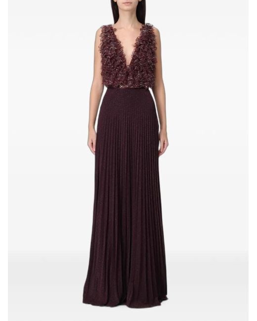 Elisabetta Franchi Purple Crystal-Embellished Pleated Maxi Dress
