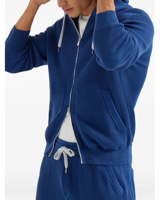 Brunello Cucinelli Blue Ribbed-Knit Hoodie for men