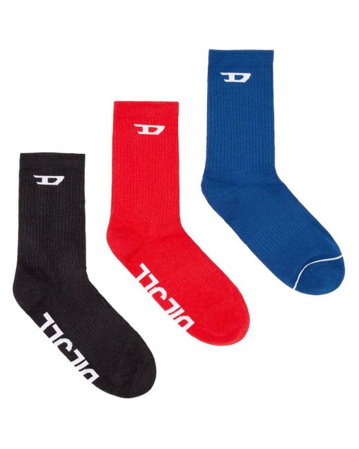 DIESEL Red Logo-jacquard Stretch-cotton Socks (pack Of Three) for men
