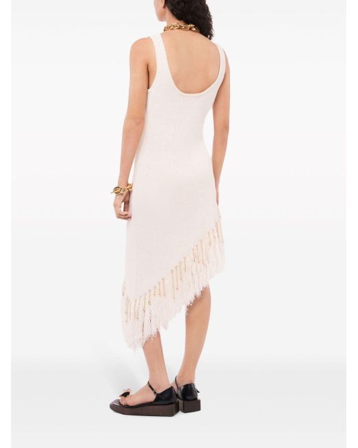 Rabanne White Asymmetric Fringed Linen Midi Dress