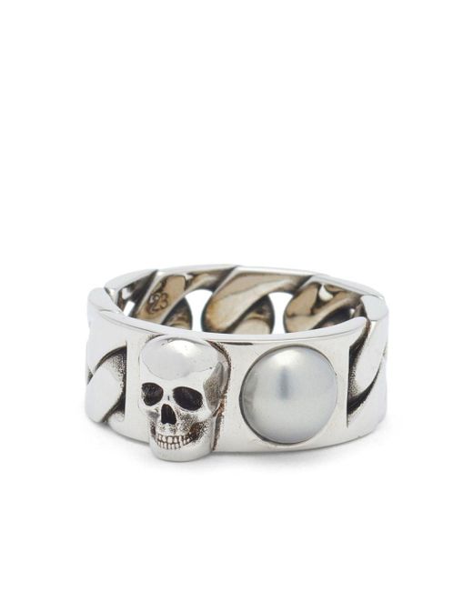 Anillo de cadena Skull con perlas Alexander McQueen de hombre de color Metallic