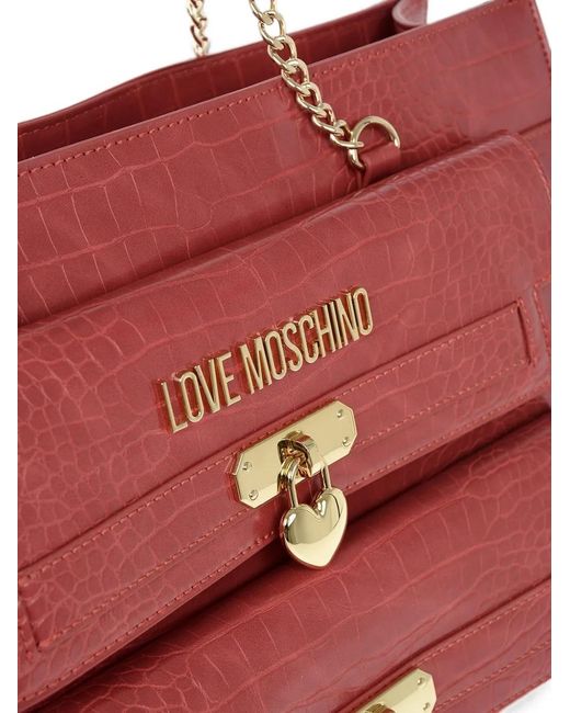 Moschino Red Crocodile-Effect Heart-Padlock Shoulder Bag