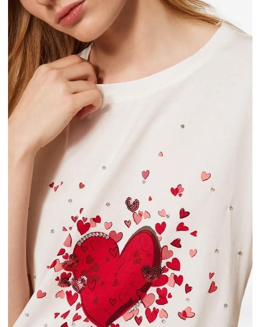 Twinset White T-Shirt À Imprimé Cœur À Strass