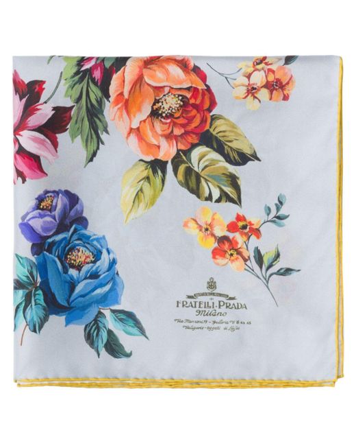 Prada Blue Floral-print Branded Silk-twill Scarf