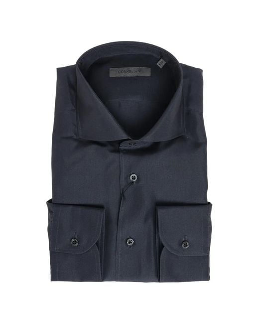 Corneliani Blue Long-Sleeve Silk Shirt for men