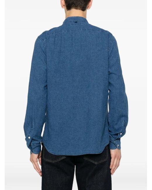 Glanshirt Blue Band-Collar Long-Sleeve Shirt for men