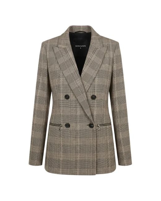Patrizia Pepe Gray Double-Breasted Check Blazer