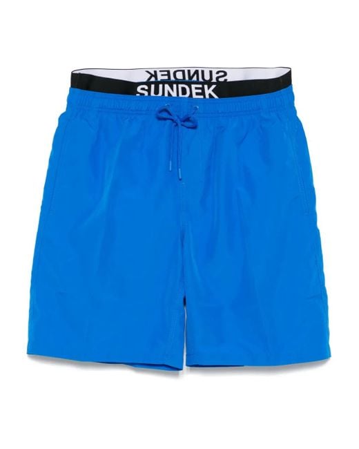 Sundek Blue Logo-Waistband Swim Shorts for men
