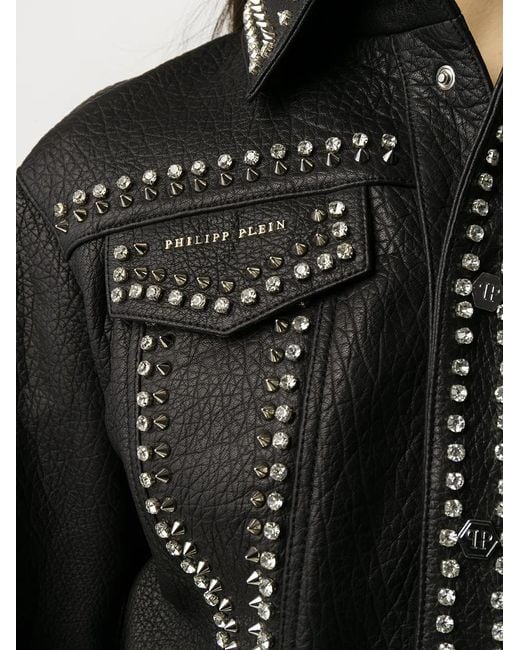 Philipp Plein Black Leather Skull Biker Jacket