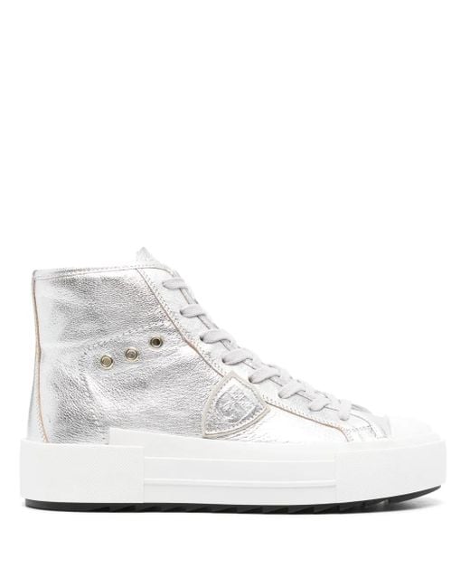 Philippe Model White Metallic Leather Mid-Top Sneakers