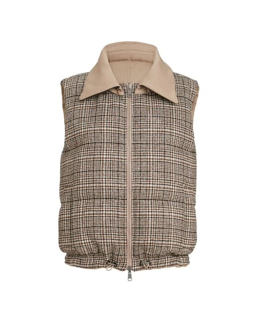 Brunello Cucinelli Brown Twill And Prince-Of-Wales Reversible Down Vest With Detachable-Leather-Collar And Monili