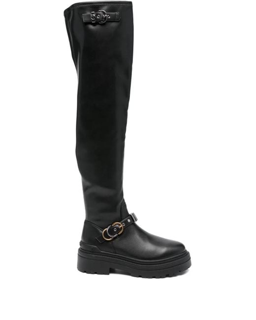 Pinko Black Knee-High Boots With Decorative Buckle Straps