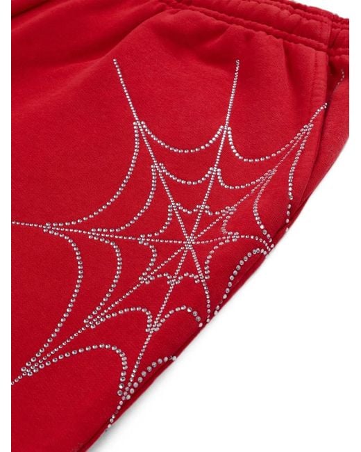 Sp5der Red Rhinestone-Embellished Spider-Web Track Pants for men