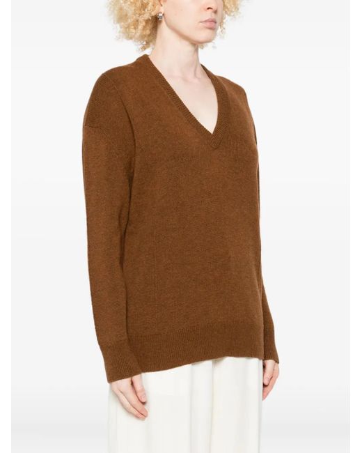 Jil Sander Brown V-Neck Wool-Blend Sweater
