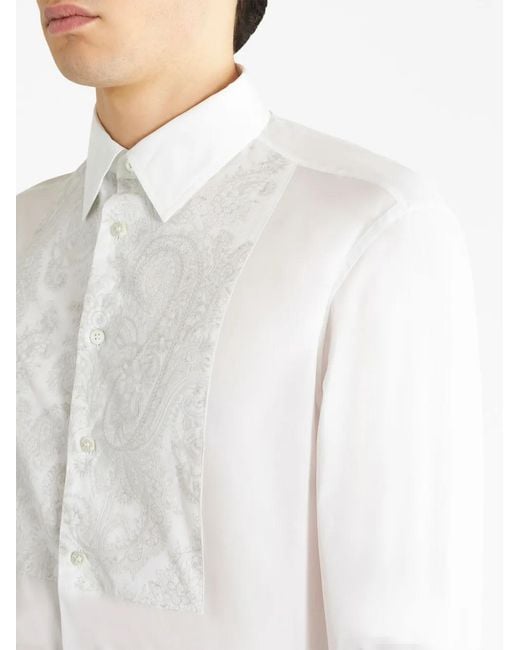 Etro White Paisley-Print Band Cotton Shirt for men