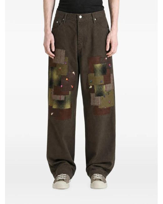 vowels Gray Patchwork Embroidered Jeans for men