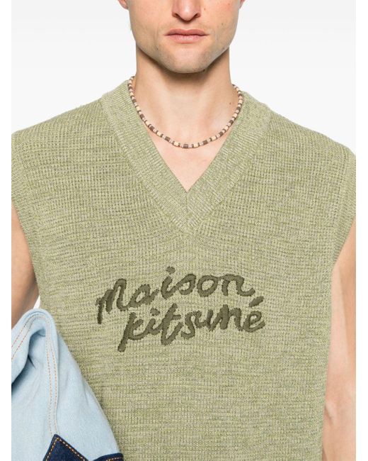 Maison Kitsuné Green Logo-embroidered Cotton Knitted Vest - Men's - Cotton for men
