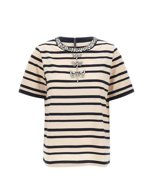 Elena Miro White Striped Jewel-Embellished T-Shirt