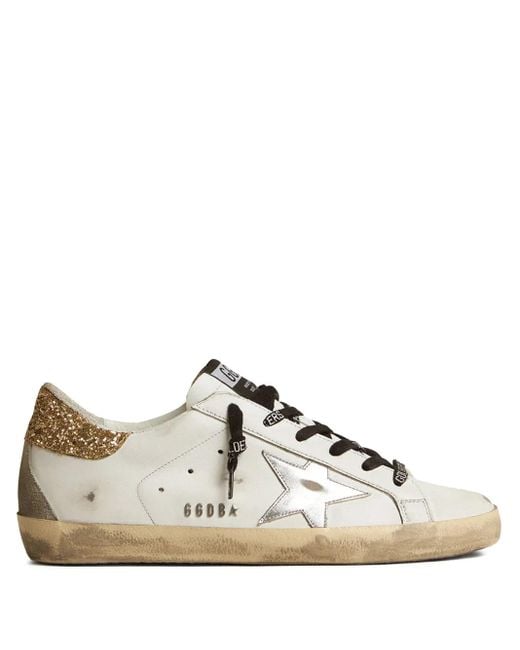 Golden Goose Deluxe Brand White Leather Super-Star Trainers With Glittery Heels Tab