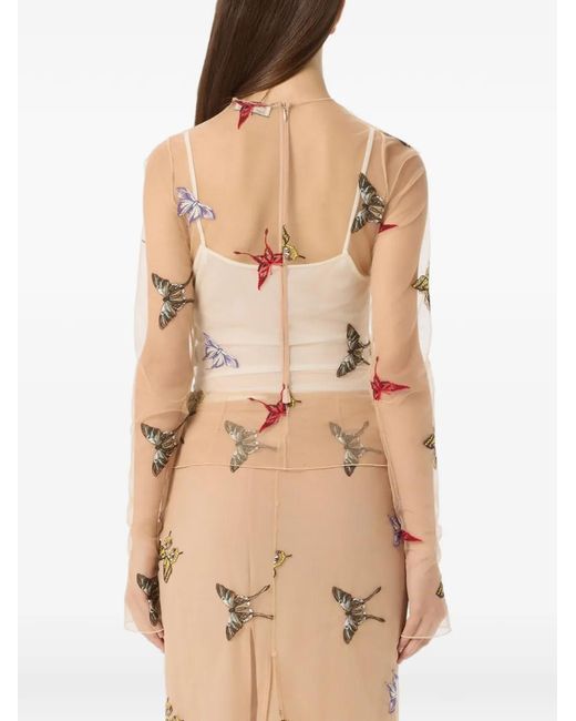 Blumarine Natural Embroidered Tulle Blouse