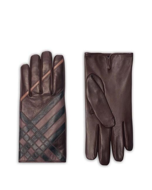 Burberry Brown Check Intarsia Leather Gloves